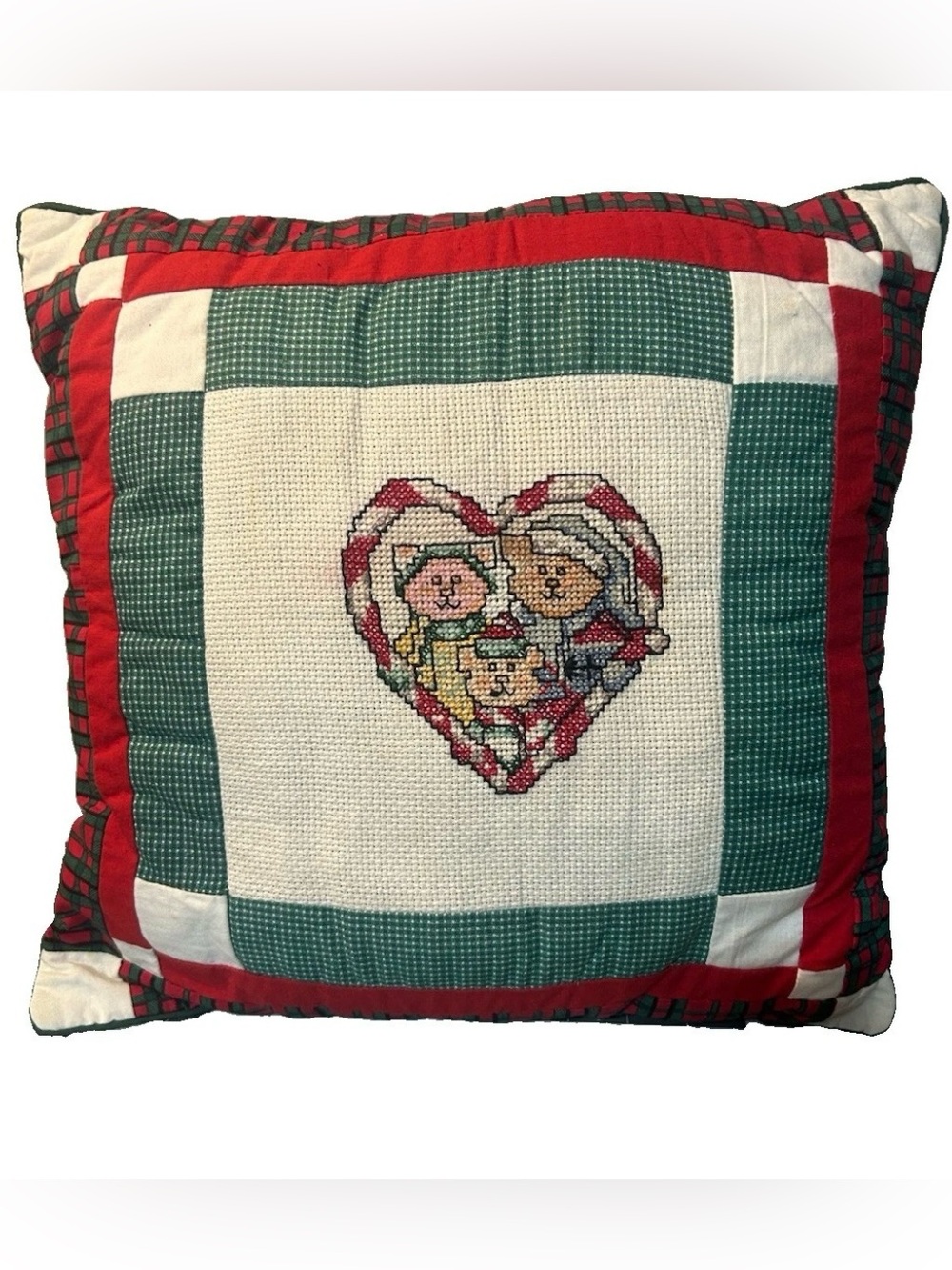 Vintage Cross Stitch Cat Christmas Pillow Handmade Patchwork Quilted 15”